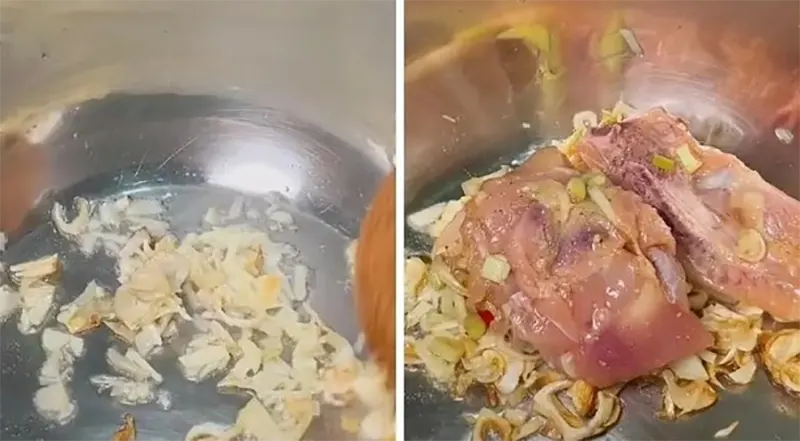 Chiên thịt gà để nấu canh gà lá giang ngon hơn