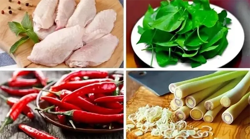 Các nguyên liệu chuẩn bị để nấu canh gà lá giang